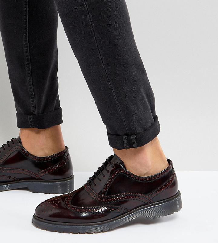 Asos Wide Fit Derby Brogue Shoes In Burgundy Leather With Ribbed Sole - Red