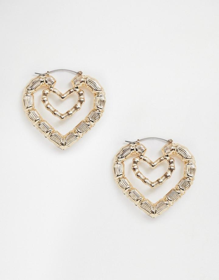 Asos Design Hoop Earrings In Bamboo Heart Design In Gold Tone - Gold