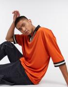 Asos Design Oversized Polo Shirt With Retro Neck Tipping In High Shine Fabric-orange