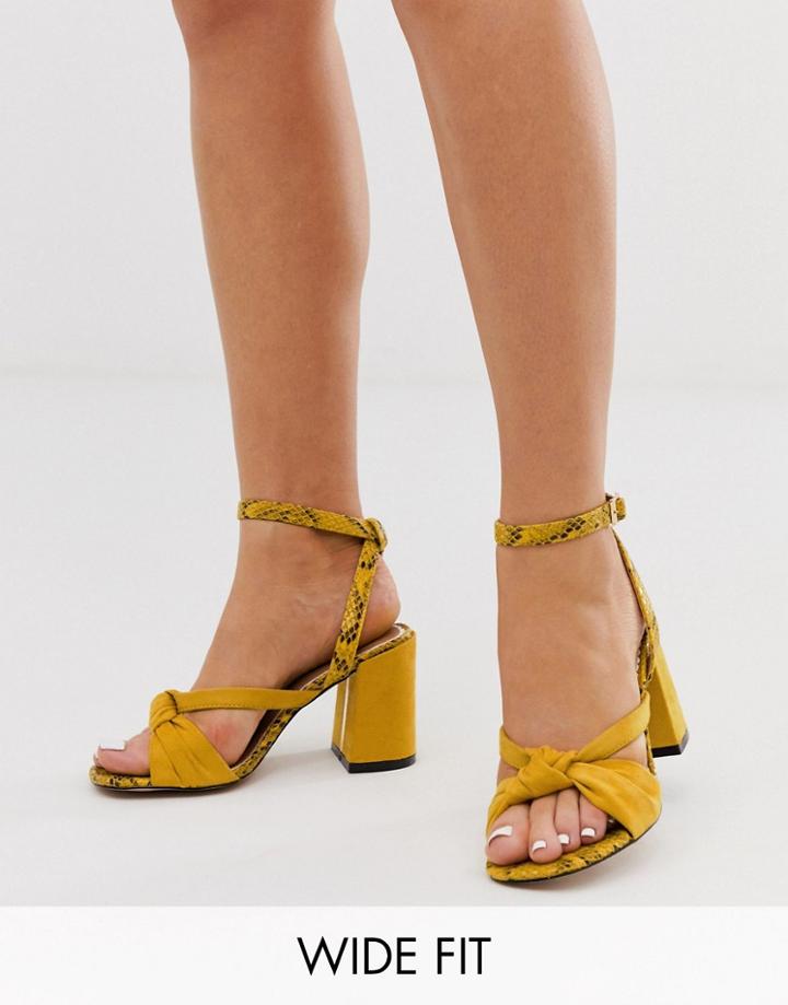 River Island Wide Fit Heeled Sandals With Knot Front In Yellow