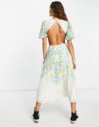 Asos Design Lace Insert Cutout Tea Midi Dress In Mixed Print-multi