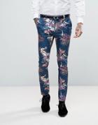 Asos Super Skinny Suit Pants In Blue Tropical Floral Print In Sateen - Navy