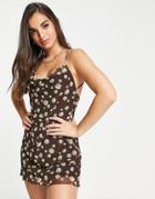 Pull & Bear Printed Cross Strap Back Dress In Brown