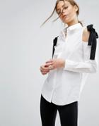 Asos Cotton Shirt With Contrast Tie Cold Shoulder - White