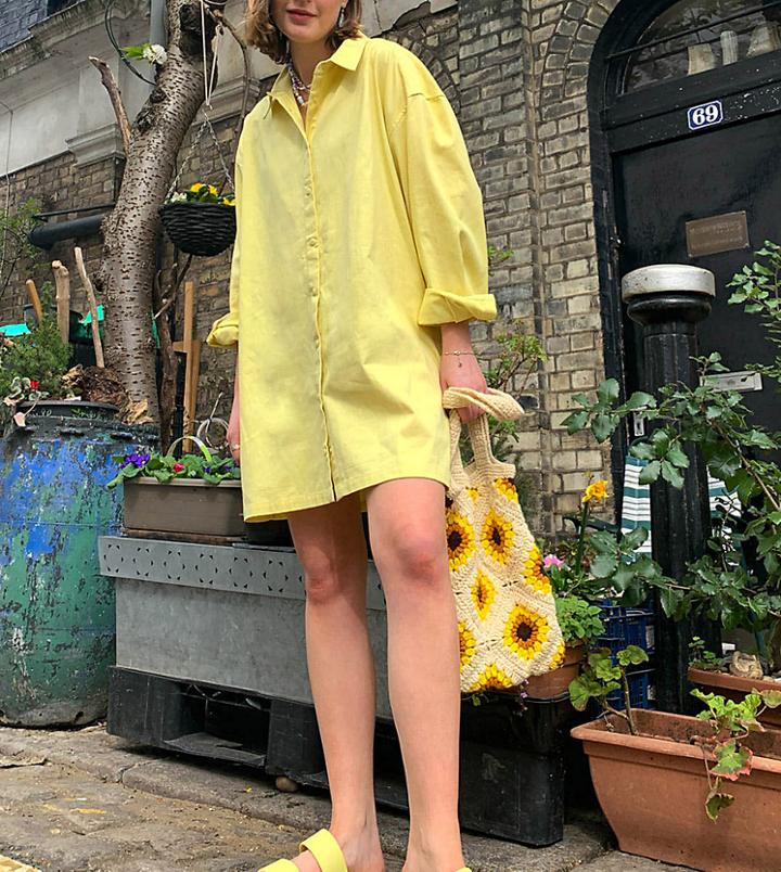 Collusion Twill Mini Shirt Dress In Yellow
