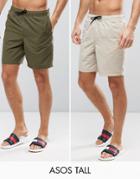 Asos Tall Swim Shorts 2 Pack In Khaki & Stone Mid Length Save - Multi