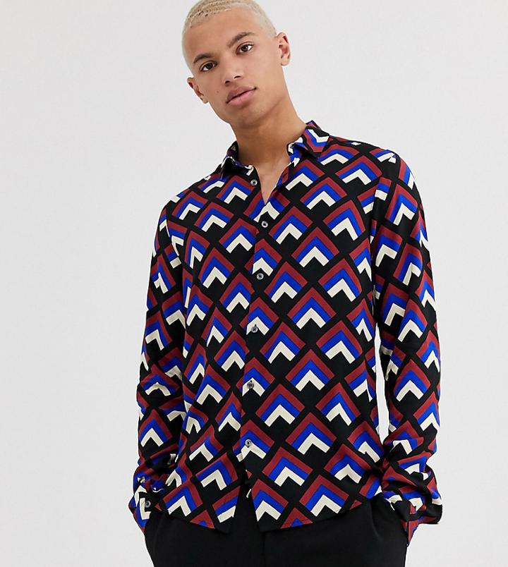 Asos Design Tall Regular Fit Shirt In Retro Geometric Print-black