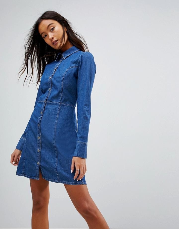Asos Denim Fitted Shirt Dress In Midwash Blue - Blue