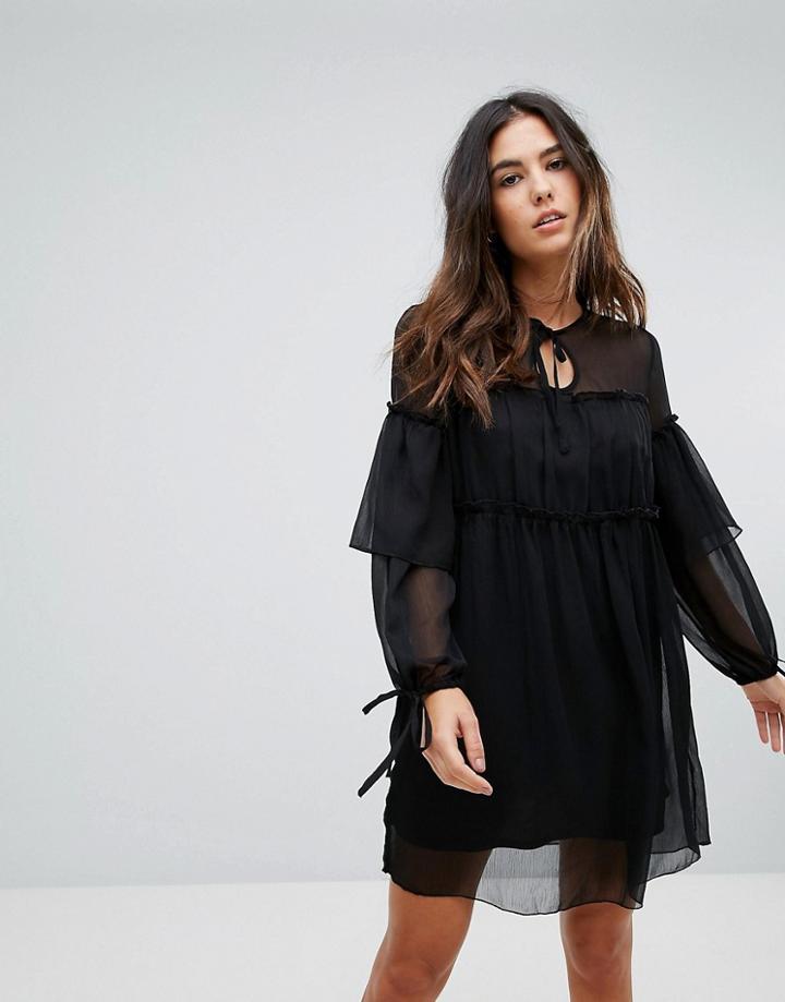Influence Layered Sleeve Dress With Keyhole And Slip Lining - Black