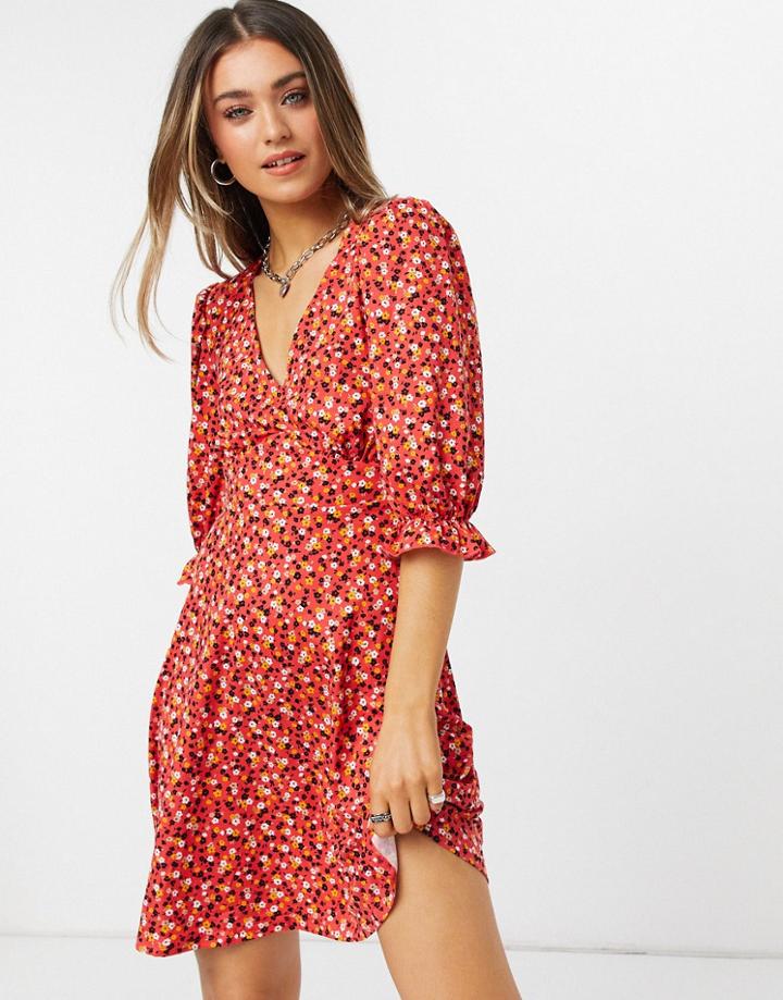 New Look V Neck Tea Dress In Red Floral