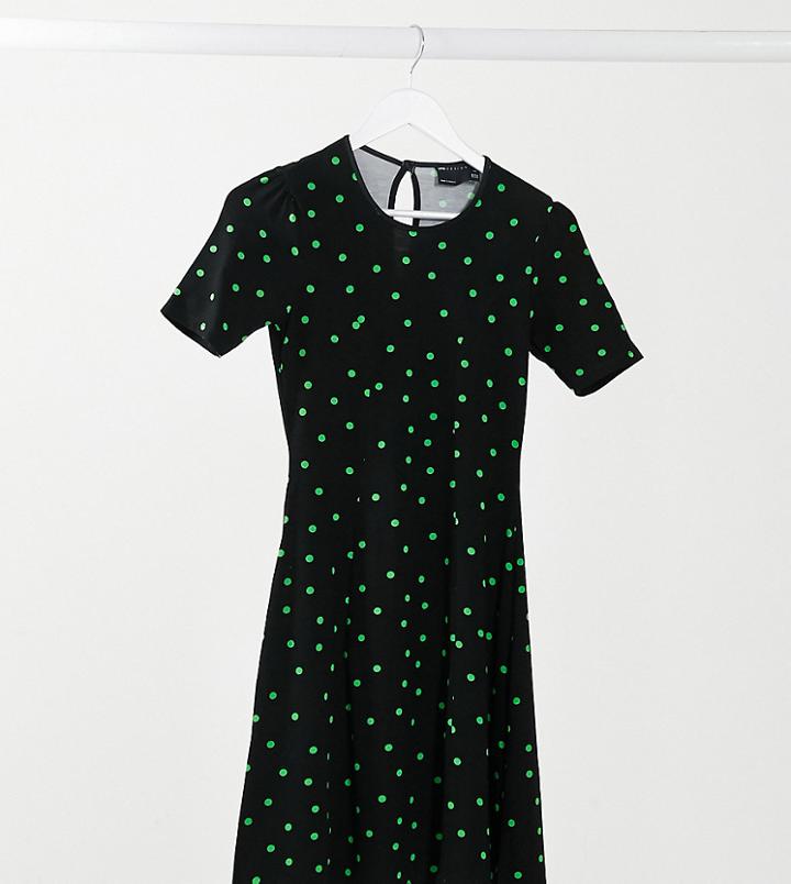 Asos Design Tall Mini Tea Dress In Black And Bright Green Dots