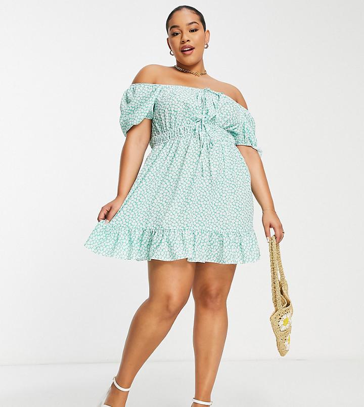 Asos Design Curve Tie Front Short Sleeve Mini Bardot Dress In Green Floral Print-multi