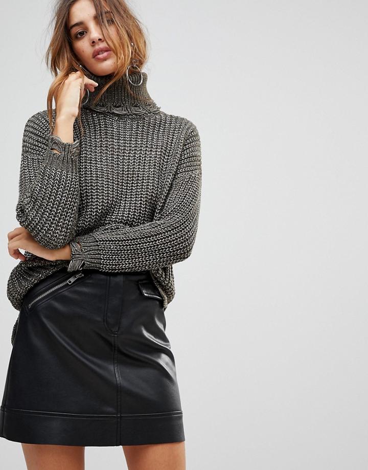Wild Flower Roll Neck Sweater With Distressed Hem - Green
