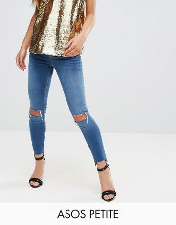 Asos Petite Ridley Jean In Rada Dark Wash Blue With Busted Knee - Blue