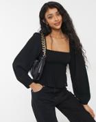 Pull & Bear Square Neck Shirred Blouse In Black