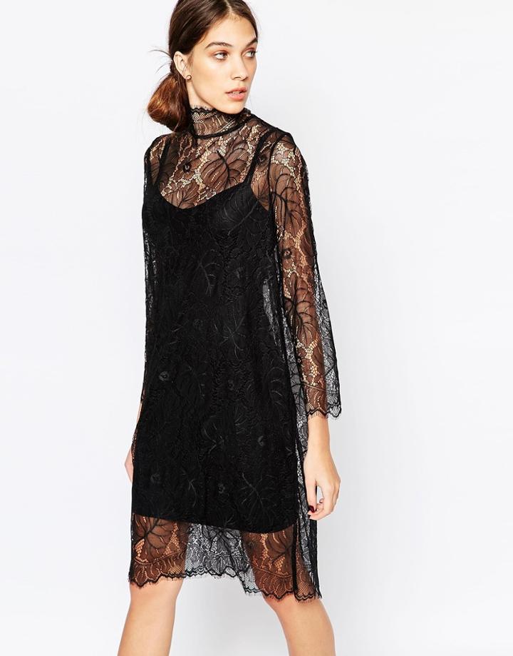 Ganni Sheer Swing Dress In Lace - Black 99