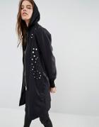 Religion Longline Bomber Jacket With Mirror Embelishment - Black