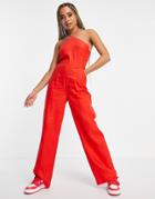 Na-kd Halterneck Linen Jumpsuit In Red