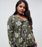 New Look Curve Satin Shirt In Green Floral - Green