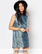 Milk It Vintage High Neck Shift Dress In Lightweight Brocade - Blue