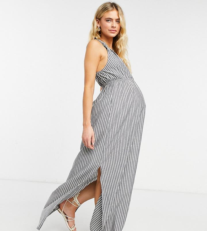 Asos Design Maternity Recycled Knot Strap Maxi Beach Dress In Mono Stripe-multi