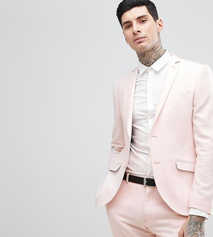 Heart & Dagger Skinny Wedding Suit Jacket In Herringbone Tweed - Pink