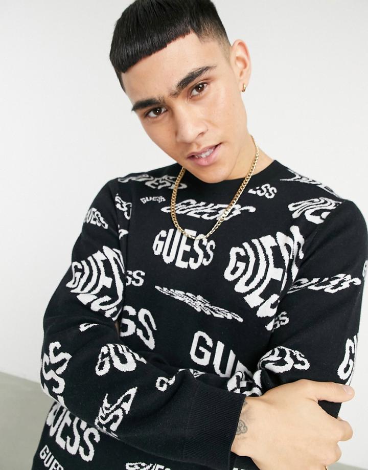 Guess Sweatshirt With All Over Logo In Black