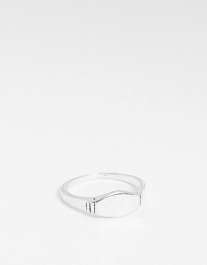 Asos Design Slim Signet Ring With Shoulder Emboss In Silver Tone