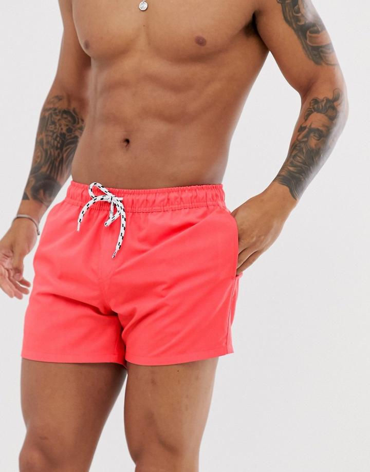 Asos Design Swim Shorts In Coral Short Length With Contrast Drawcord-pink