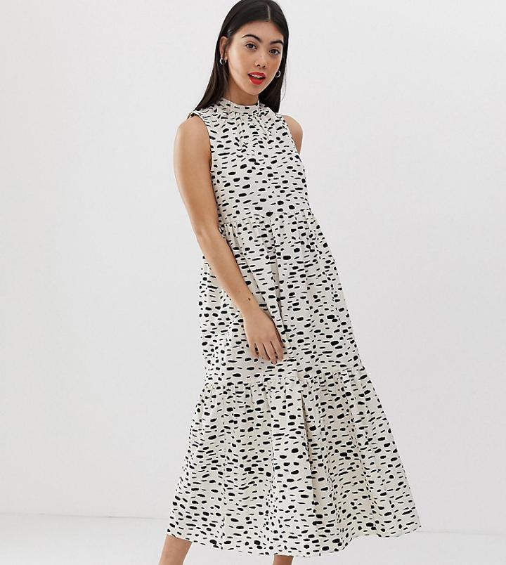 Asos Design Petite Sleeveless Tiered Cotton Midi Dress In Splodge Print - Multi