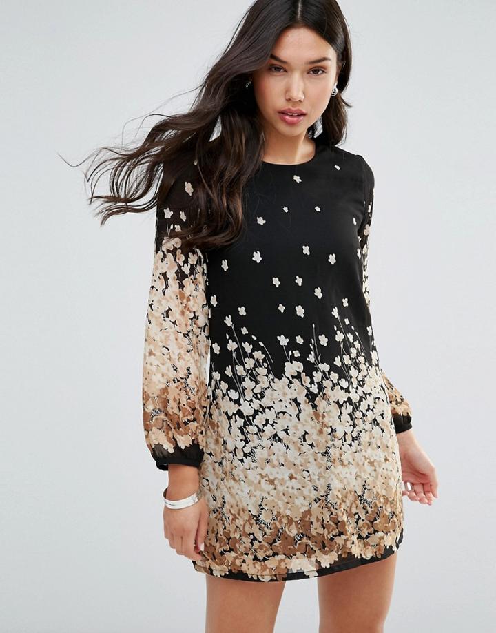 Yumi Long Sleeve Shift Dress In Graduated Floral Print - Black