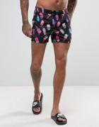 Asos Swim Shorts With Ice Cream Print In Short Length - Black