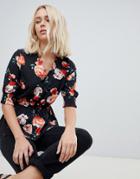Influence Shirred Sleeve Floral Blouse With Button Down Front - Black