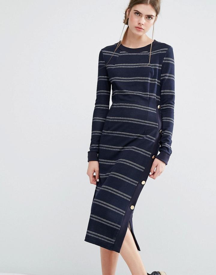 Baum Und Pferdgarten Jana Jersey Midi Dress In Stripe With Button Detail - Blue