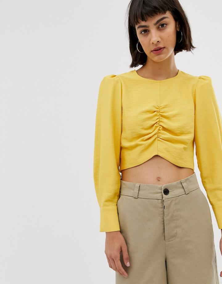 Asos White Long Sleeve Ruched Crop Top-yellow