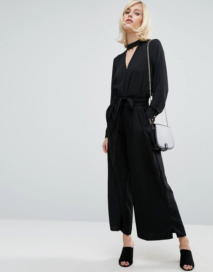 Fashion Union Wide Leg Pants With Paper Bag Tie Waist - Black