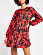 River Island Floral Print Tiered Mini Dress In Red