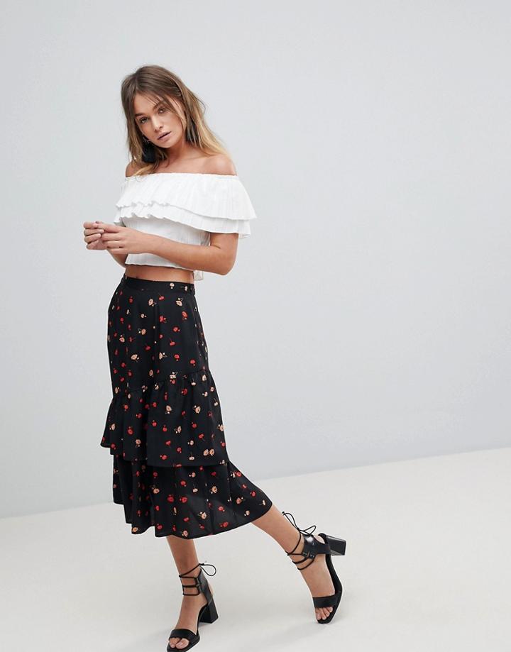 Influence Asymmetric Floral Midi Skirt - Black