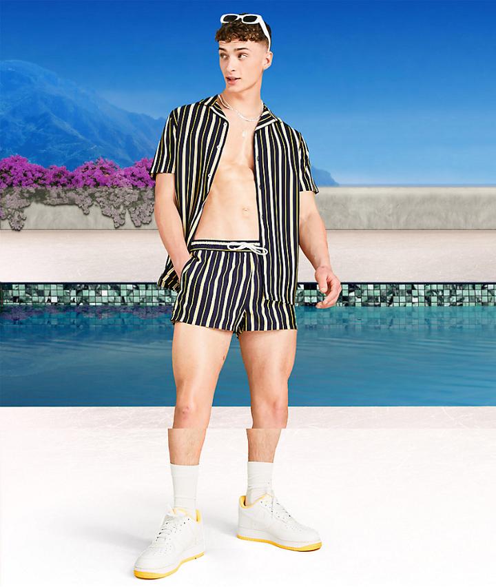 Asos Design Regular Stripe Shirt In Navy White And Yellow - Part Of A Set