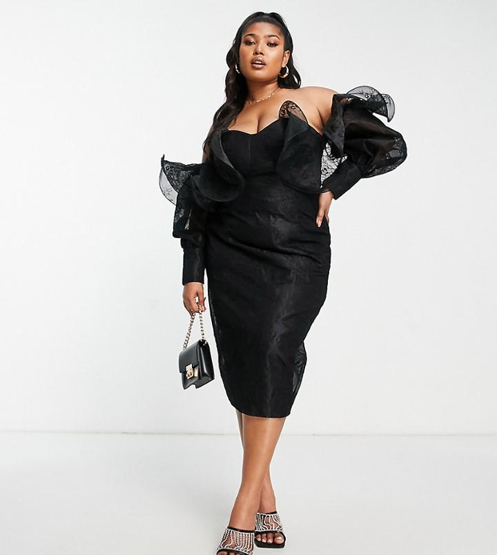 Asos Luxe Curve Wire Bardot Lace Midi Dress In Black