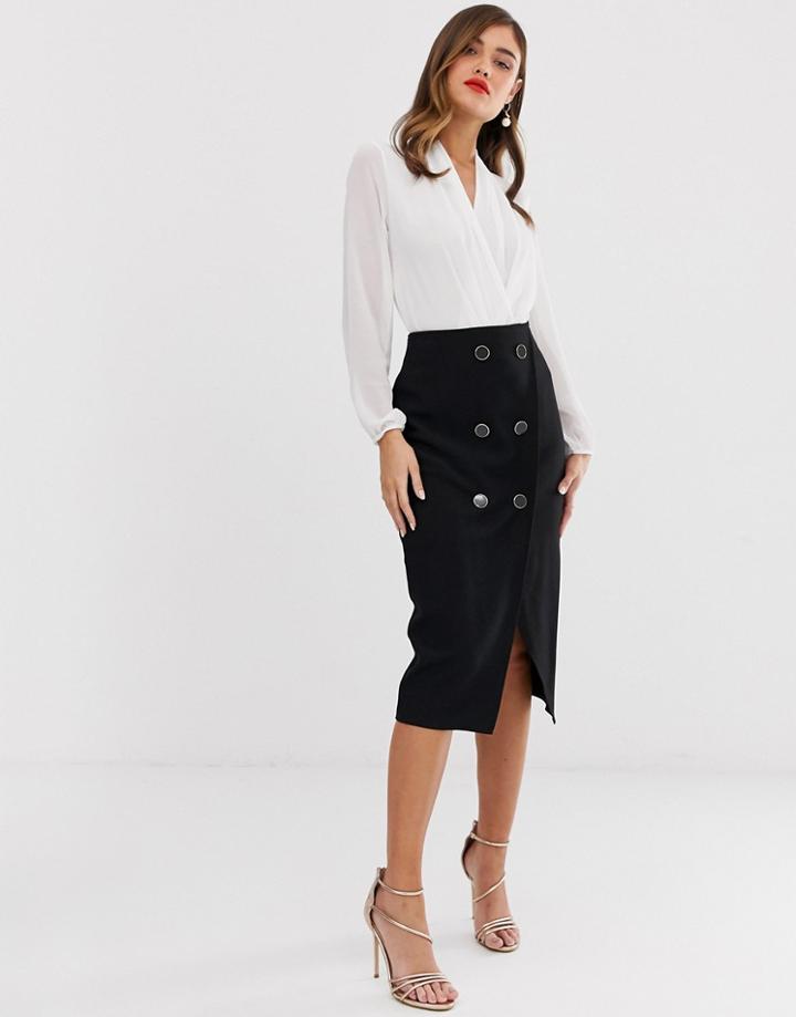 Closet London Button Pencil Skirt In Black - Black