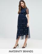 Maya Maternity Midi Dress With 3d Embellishment - Navy