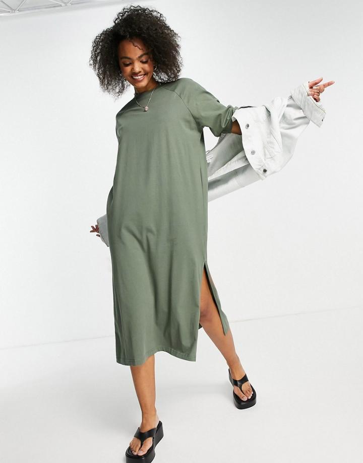 Monki Kenny Organic Cotton Midi T-shirt Dress In Khaki-green