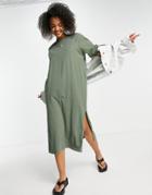 Monki Kenny Organic Cotton Midi T-shirt Dress In Khaki-green