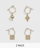 Pieces 2 Pack Hammered Gold Drop Hoop Earrings - Gold