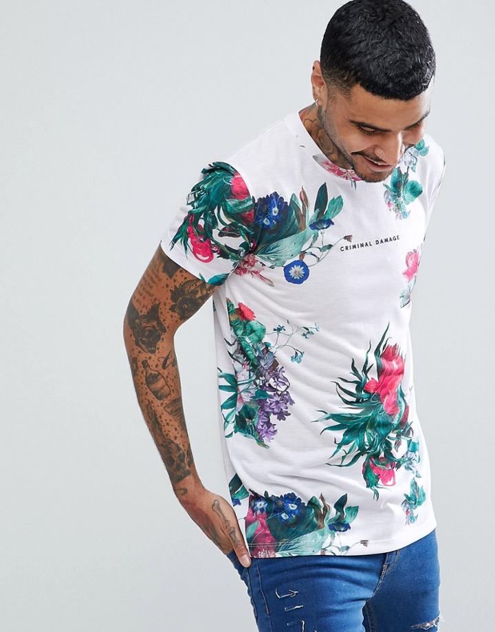 Criminal Damage Muscle Floral T-shirt - White