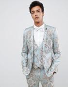 Asos Design Skinny Suit Jacket In Duck Egg Jacquard With Sequined Parrot - Blue