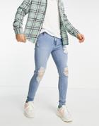 Asos Design Spray On 'vintage Look' Jeans With Powerstretch In Mid Wash With Heavy Rips-blues