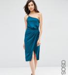 Asos Tall One Shoulder Cami Drape Hammered Satin Midi Pencil Dress - Green