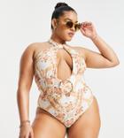 Asos Design Curve Swimsuit With Halter Neck In Scarf Print-multi